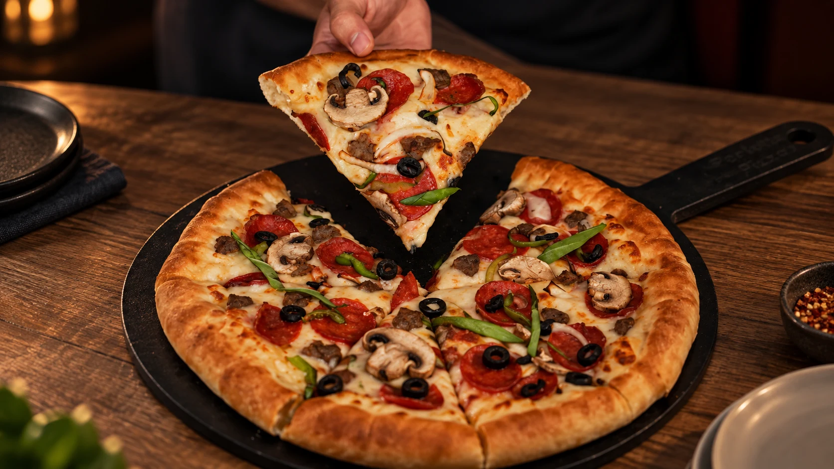 Breshta pizza, a slice lifted from the pan